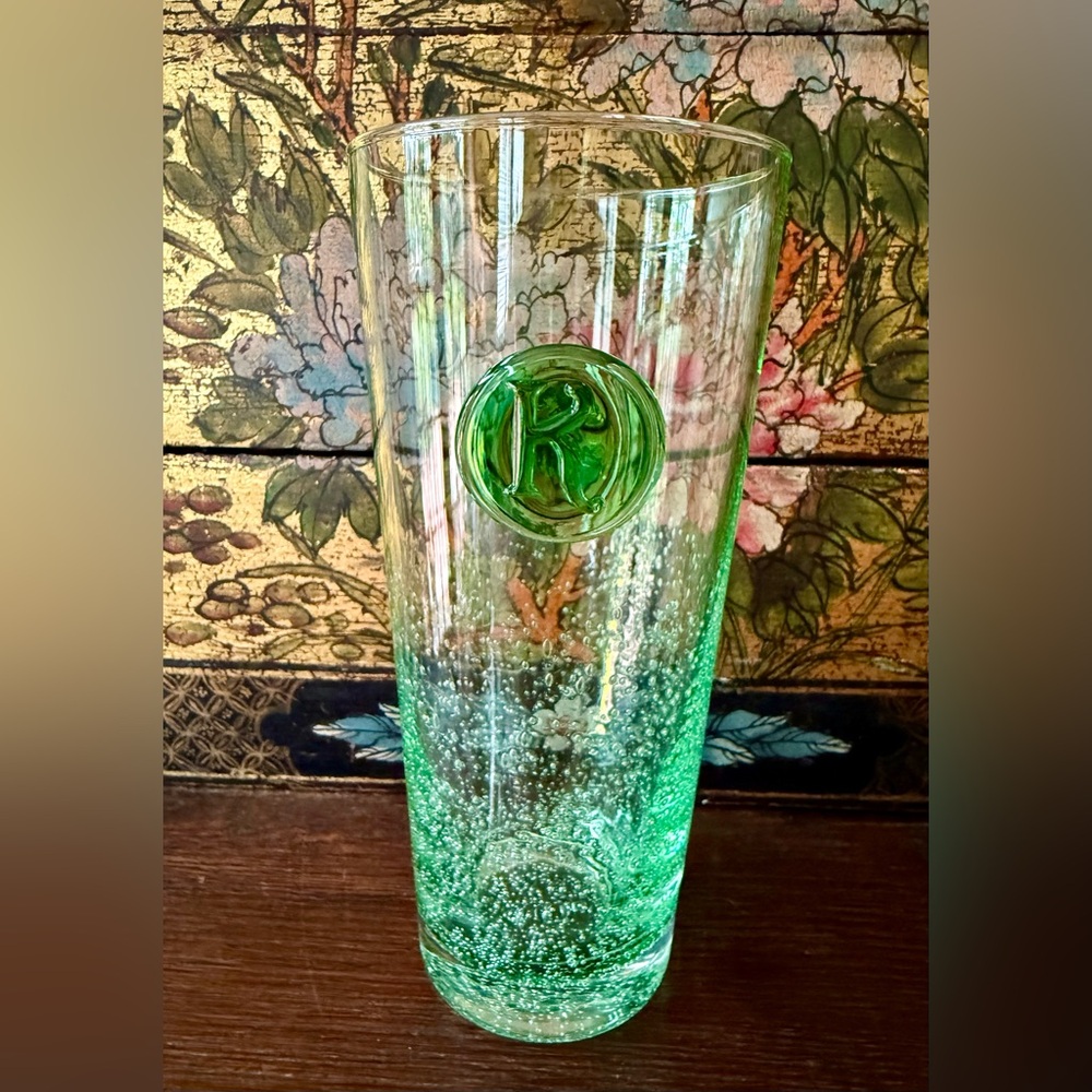 ANTHROPOLOGIE MCM Bubble Tumbler Highball Glass Green 7" | Initial “K”